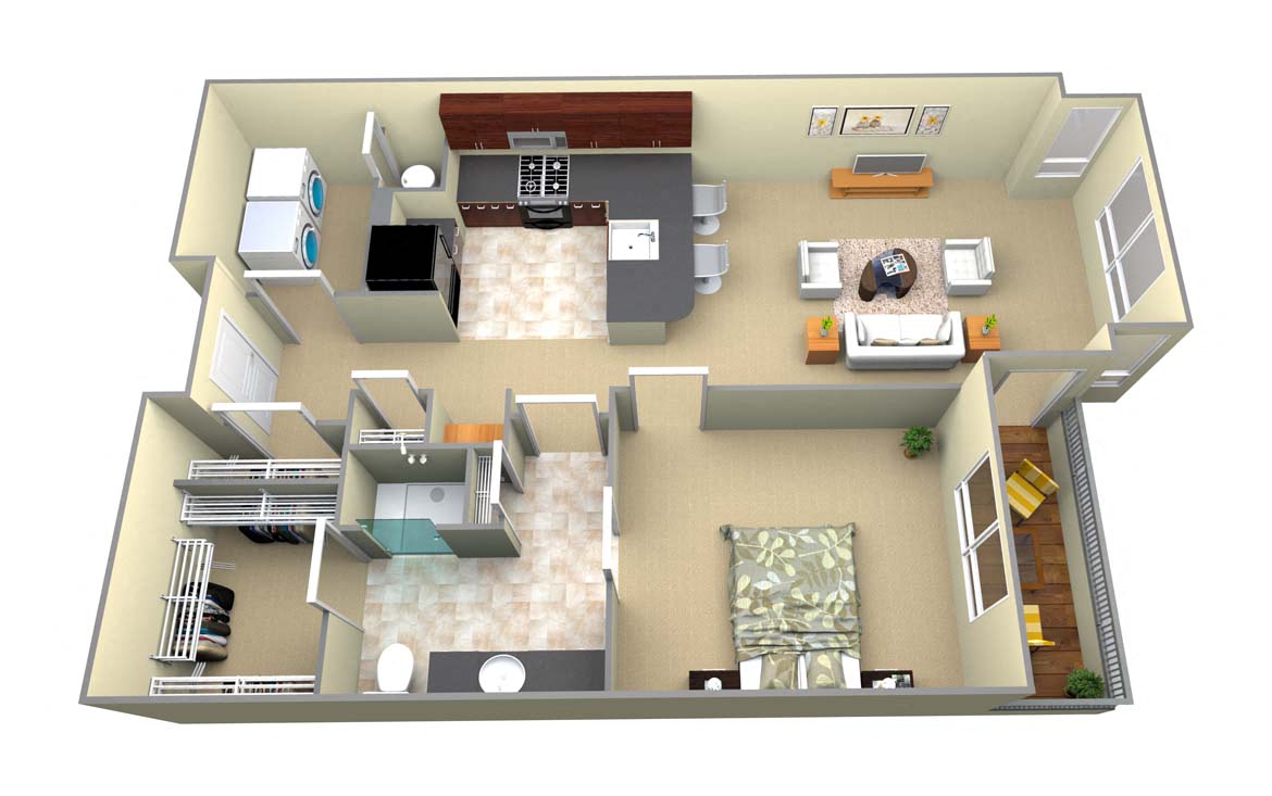 Floor plan for 1 bed, 1 bath, 750 sqft